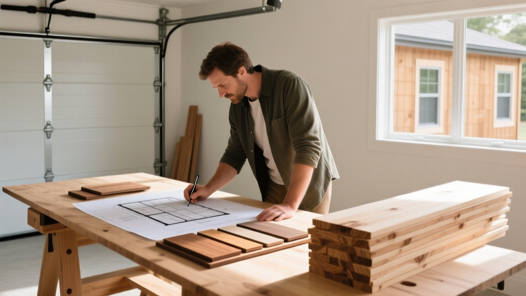 Homeowner reviewing architectural blueprints and material samples for a custom cedar shed next to a stacked pile of pressure-treated lumber
