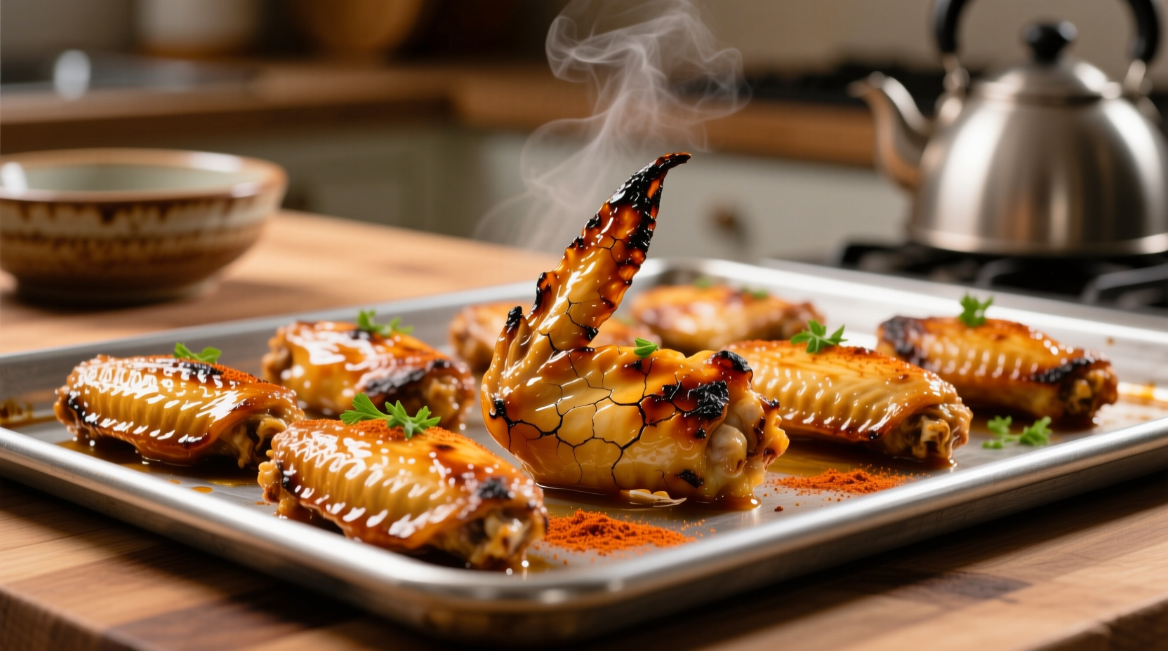 Crispy golden oven baked hot wings on baking sheet