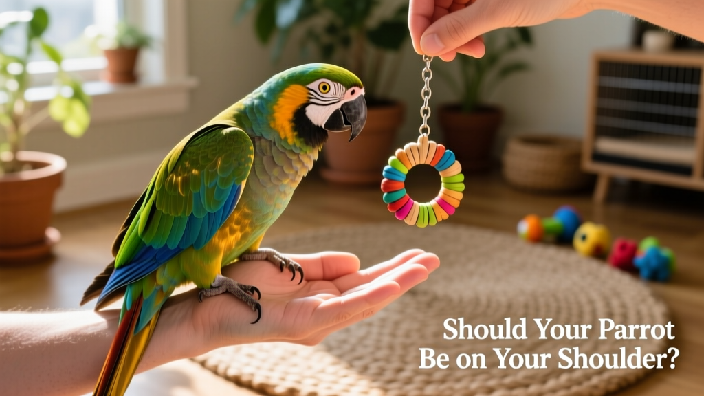 A calm, well-socialized parrot sitting quietly on a person's hand while looking toward a small, colorful foot toy