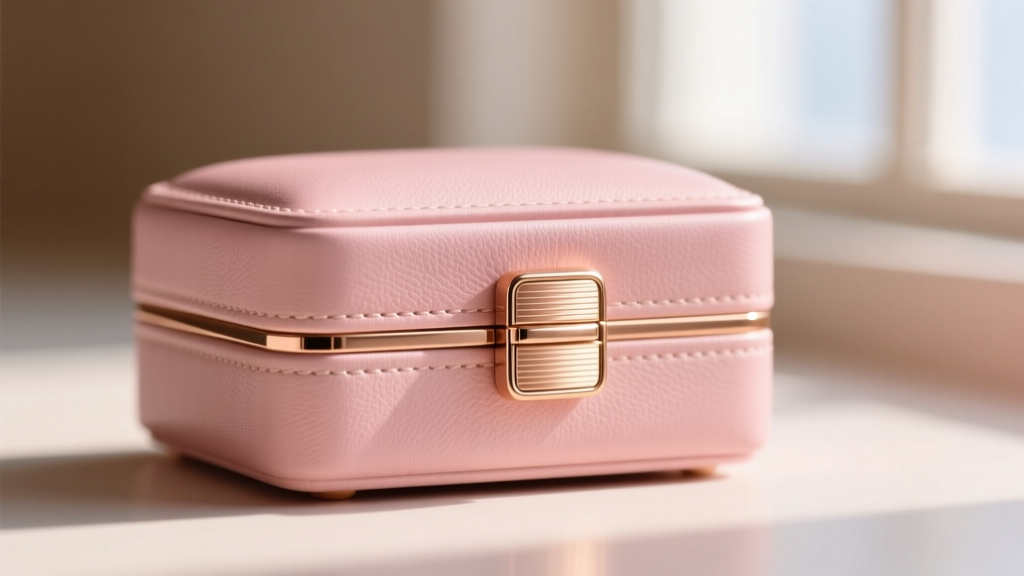 Close-up of a rose gold PVD coated jewelry box clasp, showing brushed metal texture against a blush pink leather exterior.