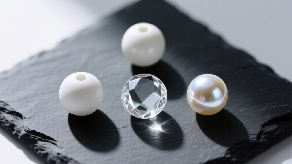 Macro shot of three white beads: matte ceramic, glass, and pearl on dark slate, sharp focus, natural lighting, top-down angle