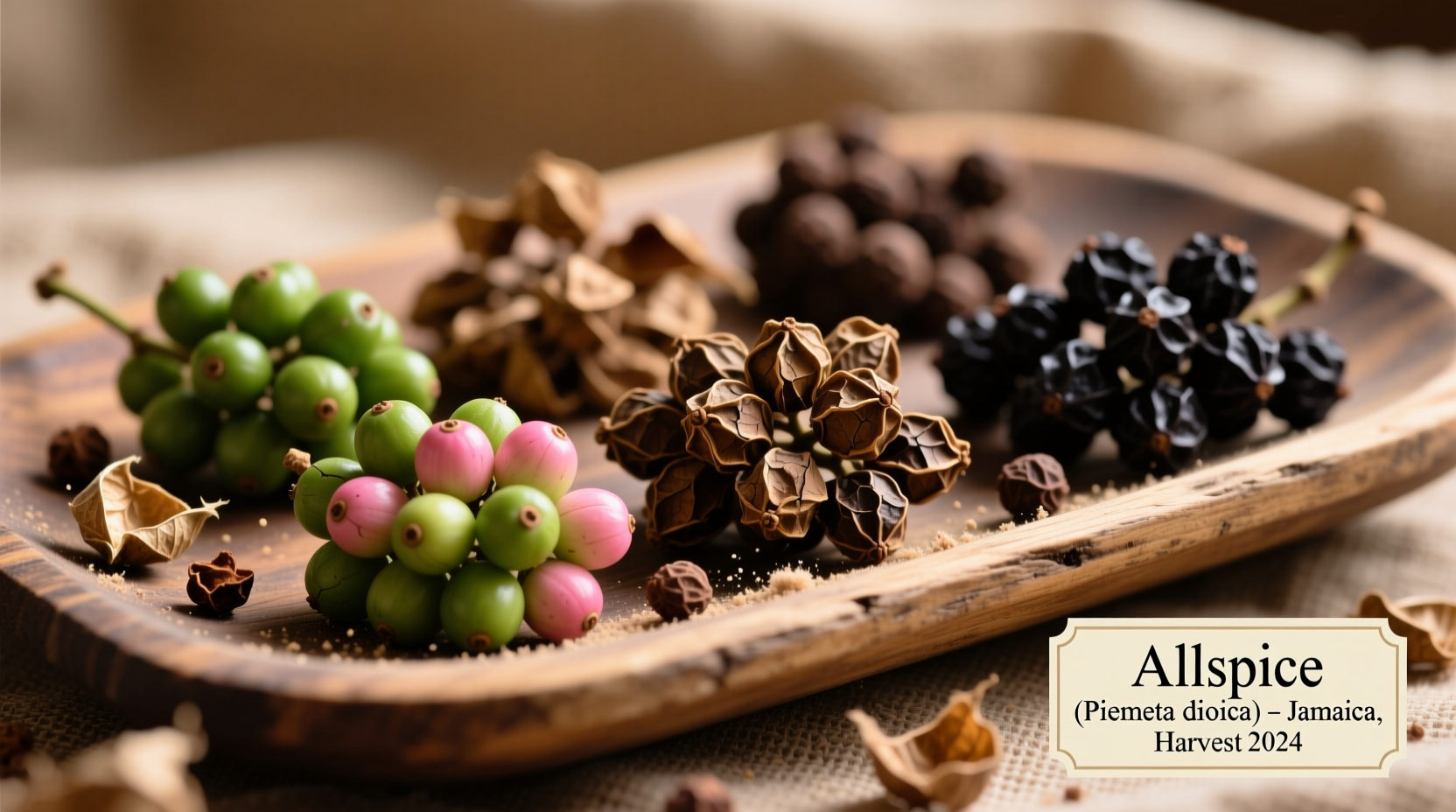 Jamaican allspice berries in various drying stages