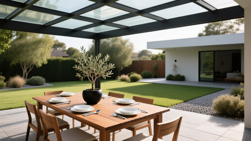 Modern backyard pergola featuring multi-wall polycarbonate roof panels filtering sunlight onto a teak dining table and stone patio