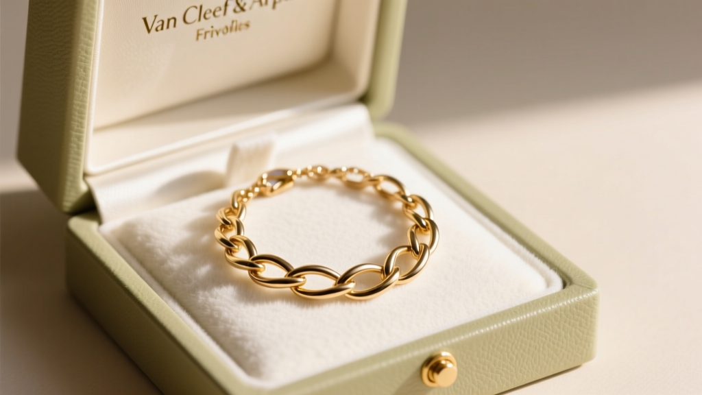 White gold VCA Mini Frivole necklace neatly coiled inside its original cream-colored Van Cleef and Arpels felt-lined jewelry box.