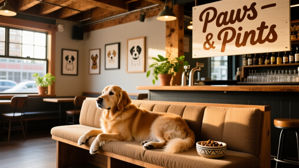 Golden Retriever resting comfortably on a cushioned bench inside a warm, inviting dog-friendly bar