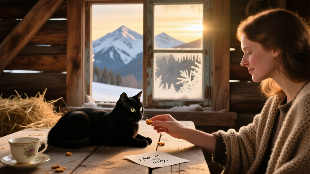 Panoramic view from a rustic barn window showing snowy mountain peaks, with Nicole’s hand feeding a cat on a wooden table nearby