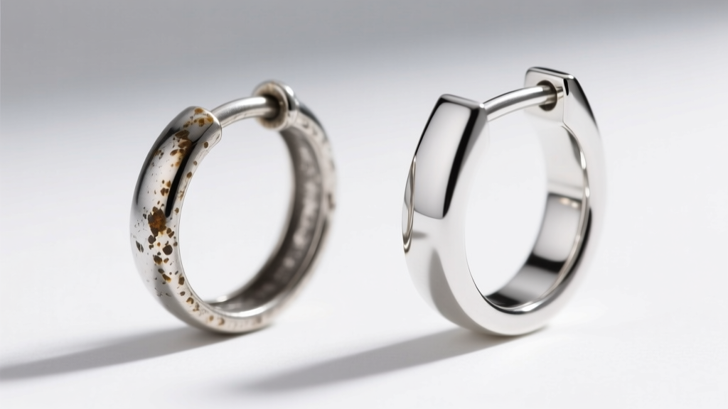 Macro comparison of a tarnished standard 925 silver hoop clasp next to a bright, untarnished Argentium silver leverback mechanism