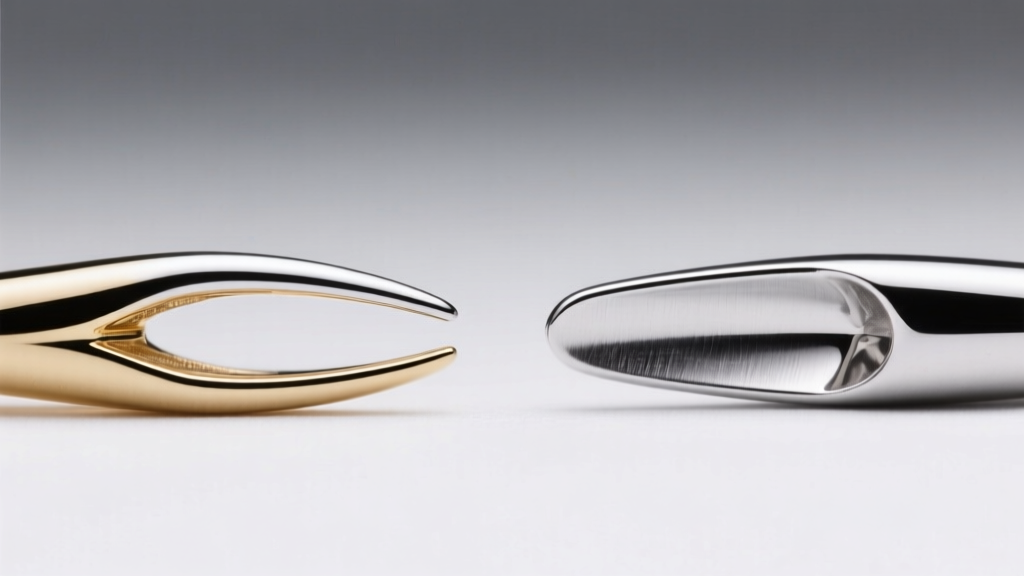 Side profile comparing a rhodium-plated 18k white gold prong and a solid 950 platinum prong, highlighting metal thickness.
