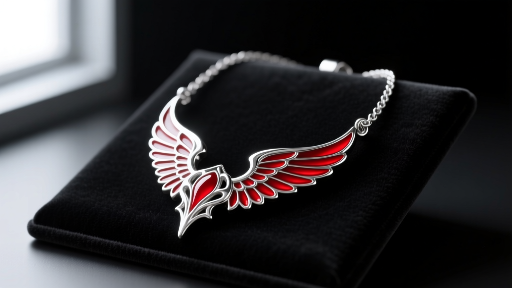 Close-up of a sterling silver Terraria Panic Necklace with red enamel wings, resting on a dark velvet jewelry display pad.
