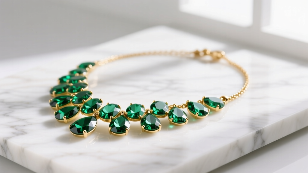 Flat lay of a gold-plated J.Crew cluster drop stone necklace featuring faceted emerald-green glass crystals on a marble surface