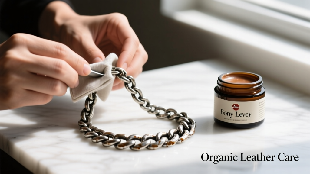 Hands polishing an oxidized silver Bony Levy necklace chain with a soft cloth beside a small jar of organic leather conditioner.