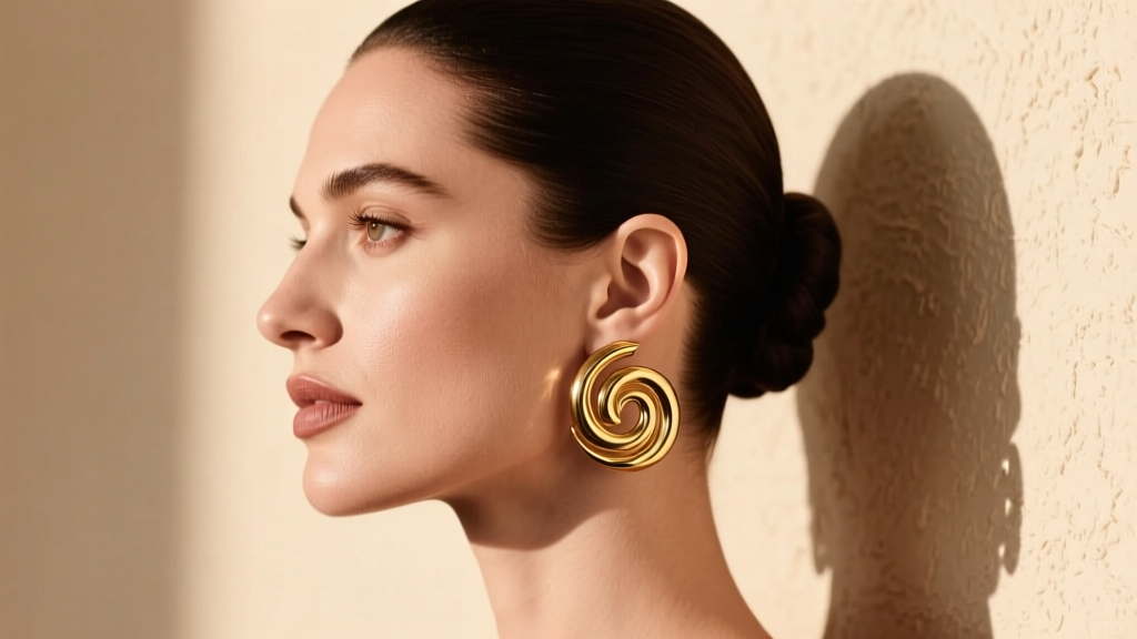 Woman with a sleek chignon wearing gold Celine swirl earrings, photographed in profile against a soft beige wall.