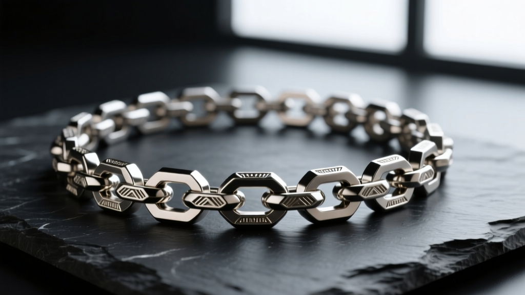 Macro photo of an intricate 3D printed titanium chain necklace resting on dark slate, highlighting complex interlocking links.