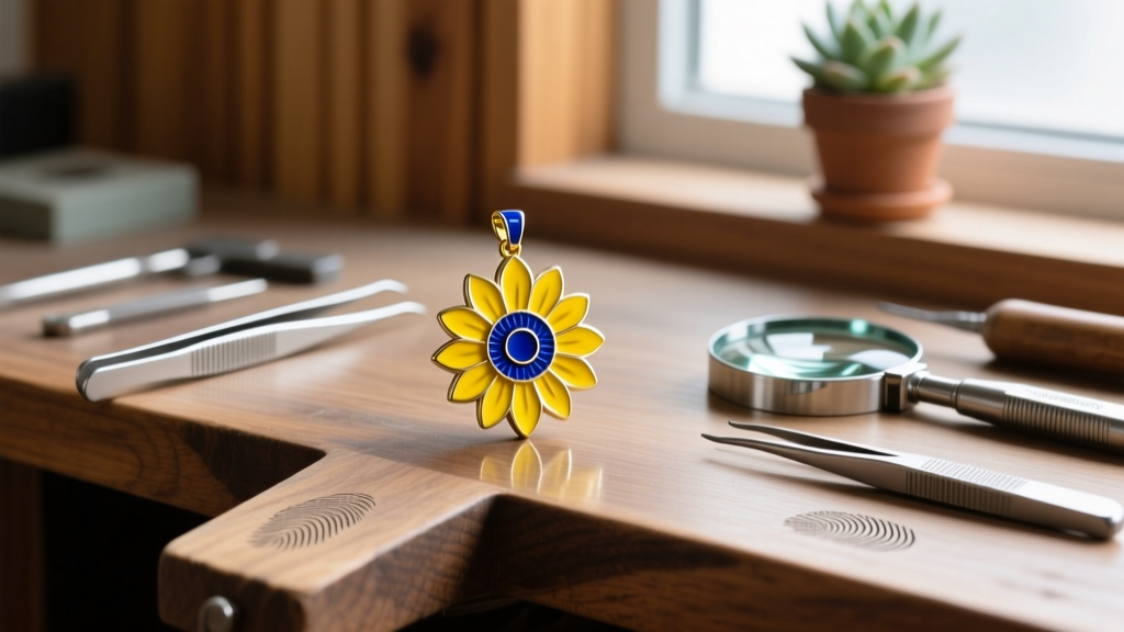 Vibrant yellow and blue cold enamel sunflower pendant resting on a wooden jeweler bench beside precision tweezers and a loupe.