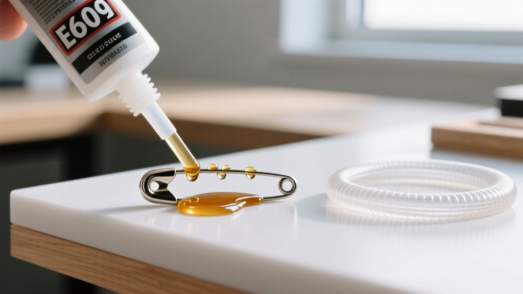 Macro shot of applying E6000 adhesive to a safety pin clasp, with clear heat shrink tubing nearby on a bright jewelry workbench.