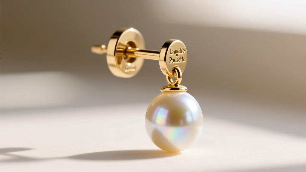 Detailed view of an 18-gauge gold earring post featuring a secure La Pousette locking back supporting a heavy pearl drop earring.