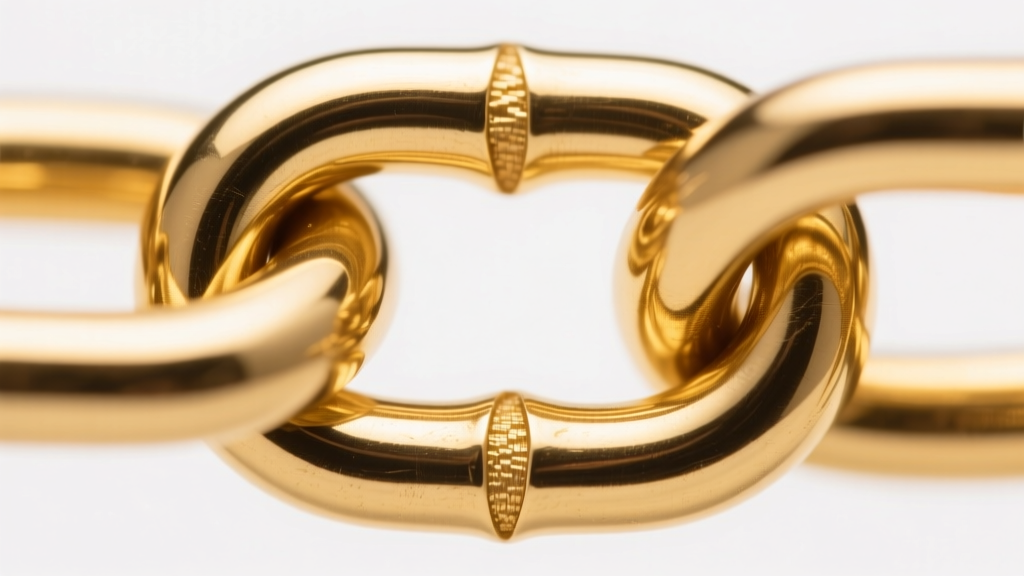 Macro shot of a 14k gold filled chain link showing the thick outer gold layer bonded to a brass core under bright studio lighting