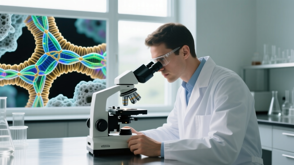 Laboratory technician examining a polarized light microscope displaying interlocking chrysotile fibers in a cement matrix.