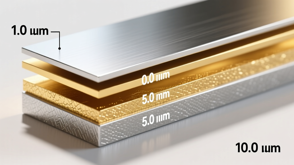 Cross-section illustration showing varying thicknesses of gold plating over a silver base, labeled with exact micron measurements.