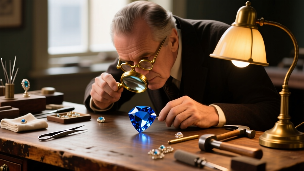 Vintage jewelry workbench showing a jeweler examining a large blue sapphire under a loupe with soft warm lighting