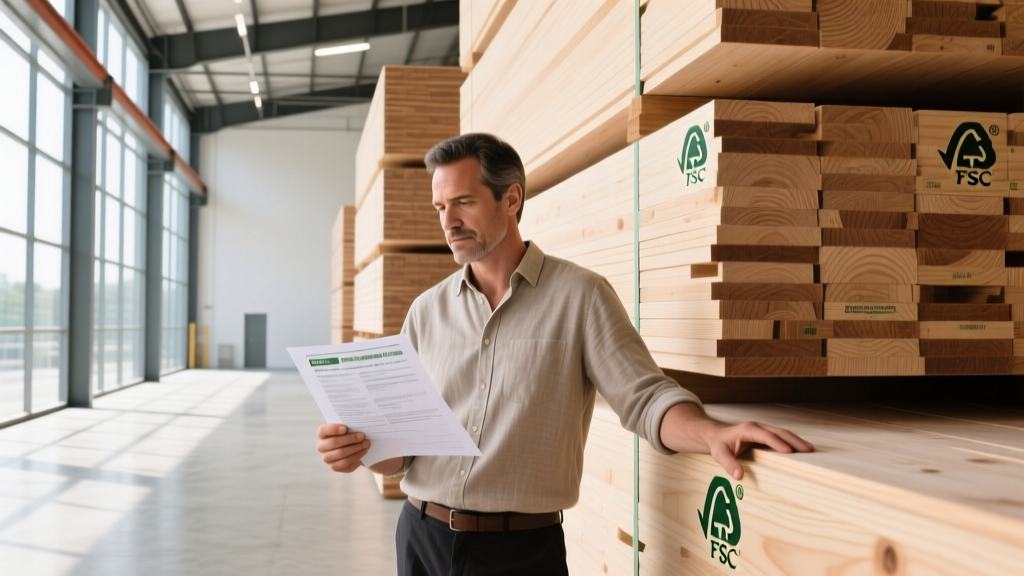 Architect reviewing EPD documents next to stacks of FSC-certified cross-laminated timber in a bright modern warehouse
