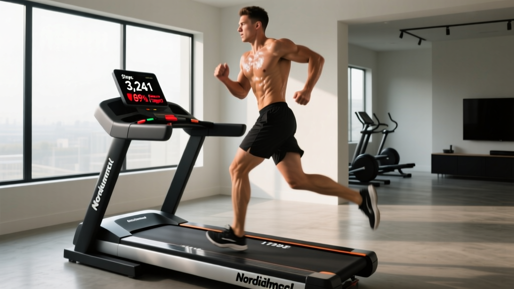 Athlete running on a NordicTrack Commercial 1750 treadmill in a modern home gym, checking smart display for step count and heart rate zone