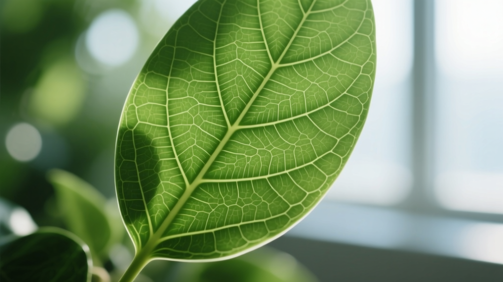 Macro photograph of a green leaf vein captured using an Apexel 100mm macro lens clipped over an iPhone, showing extreme detail and shallow depth of field