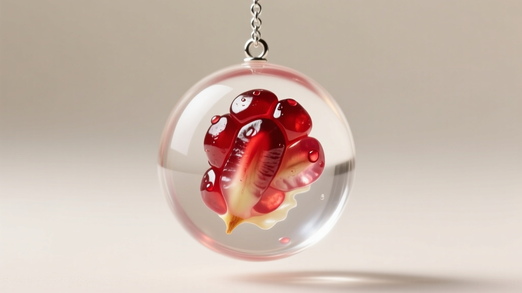 Macro shot of a pomegranate seed encased in clear epoxy resin, hanging from a sterling silver chain under soft lighting