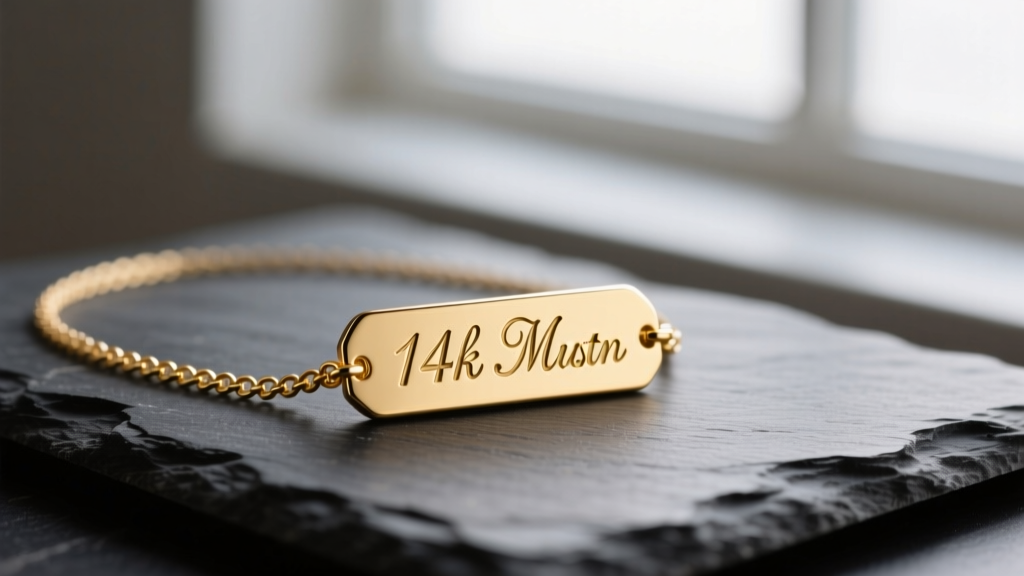 Macro shot of a 14k gold custom nameplate necklace on dark slate, soft lighting highlighting the script font and curb chain.