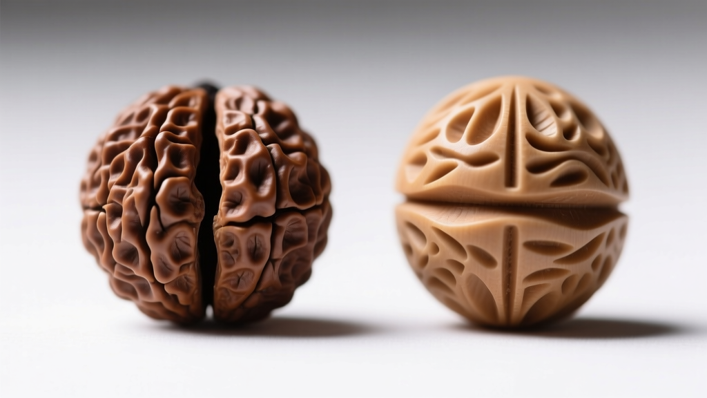Genuine rudraksha bead with deep clefts beside a carved fake with shallow tool marks on a white background for clear comparison