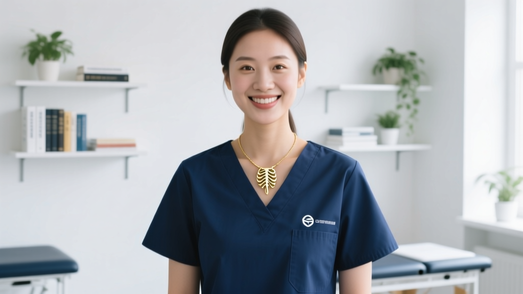 Physical therapy student wearing a delicate gold scapula necklace over navy blue scrubs, smiling in a brightly lit modern clinic