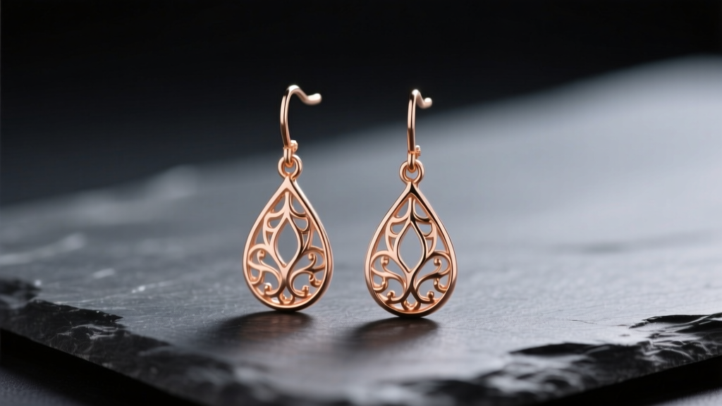 Macro shot of 18k rose gold dangle earrings with filigree teardrop designs on dark slate under soft lighting.