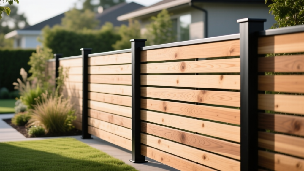 Modern horizontal slat cedar fence with black metal posts showcasing tight wood grain and clean lines in a landscaped yard
