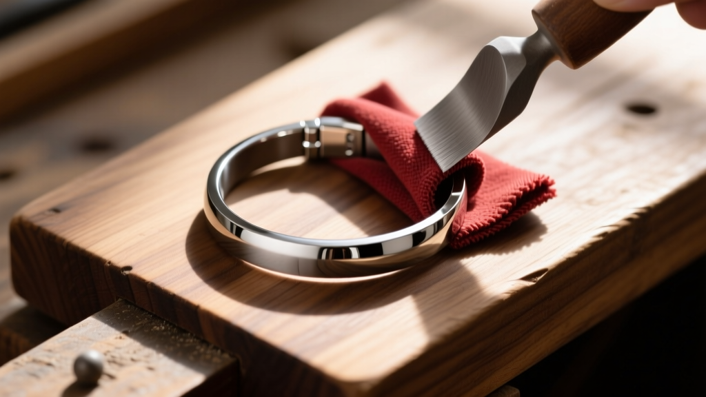 Top-down view of a 316L stainless steel bracelet being polished with a rouge cloth on a wooden workbench in natural sunlight.