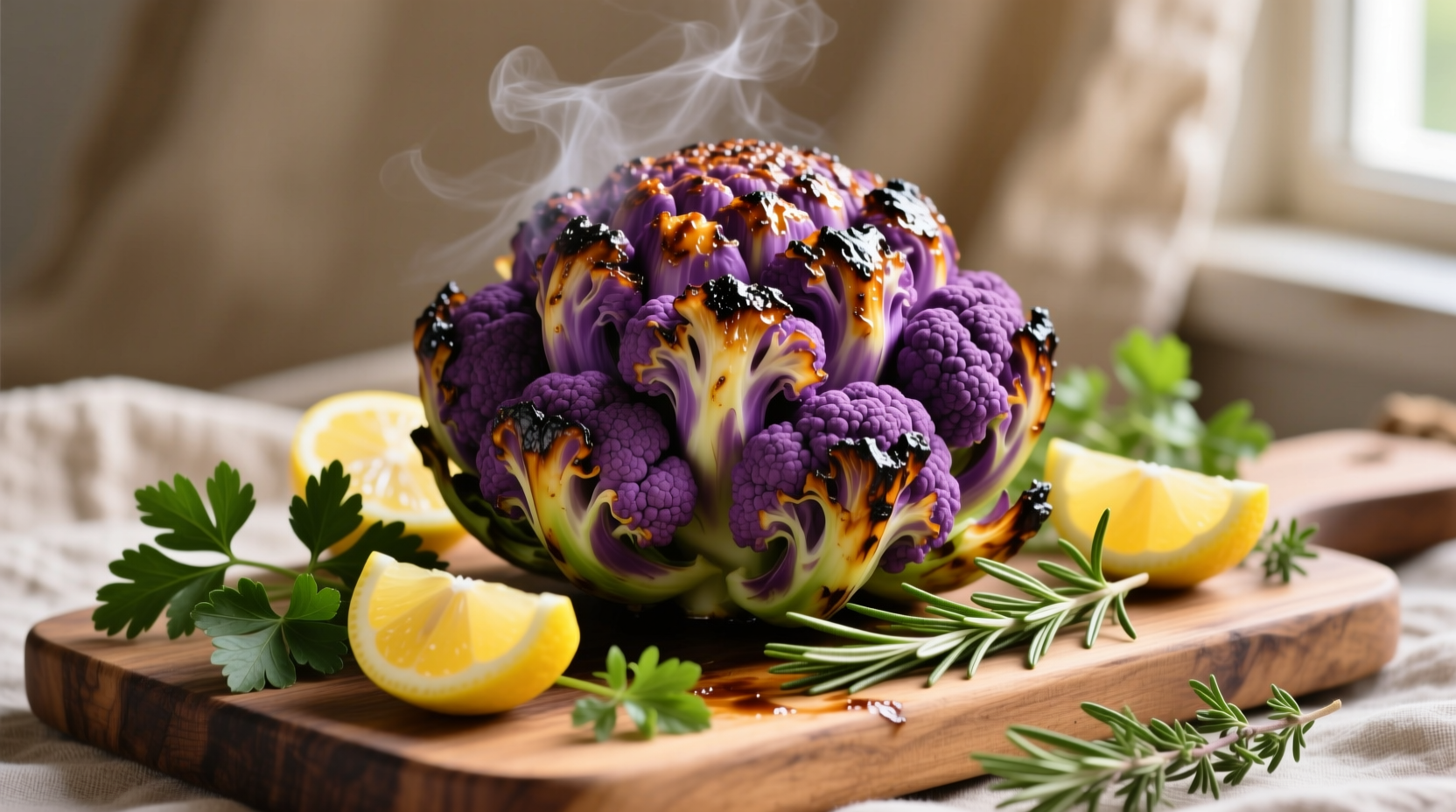 Roasted purple cauliflower with lemon and herbs
