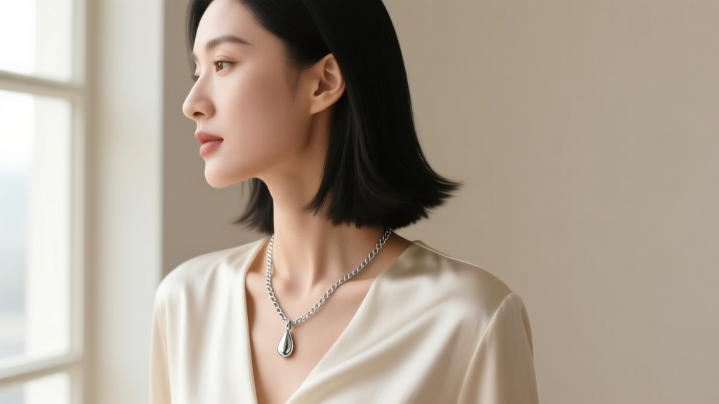 Side profile of a woman wearing a 24-inch sterling silver chain with a teardrop pendant, showing the drape against a silk blouse