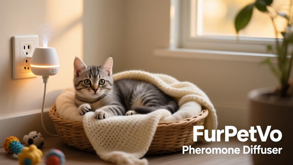 A FurPetVo pheromone diffuser plugged in near a kitten’s cozy resting area, with soft lighting and minimal visual clutter