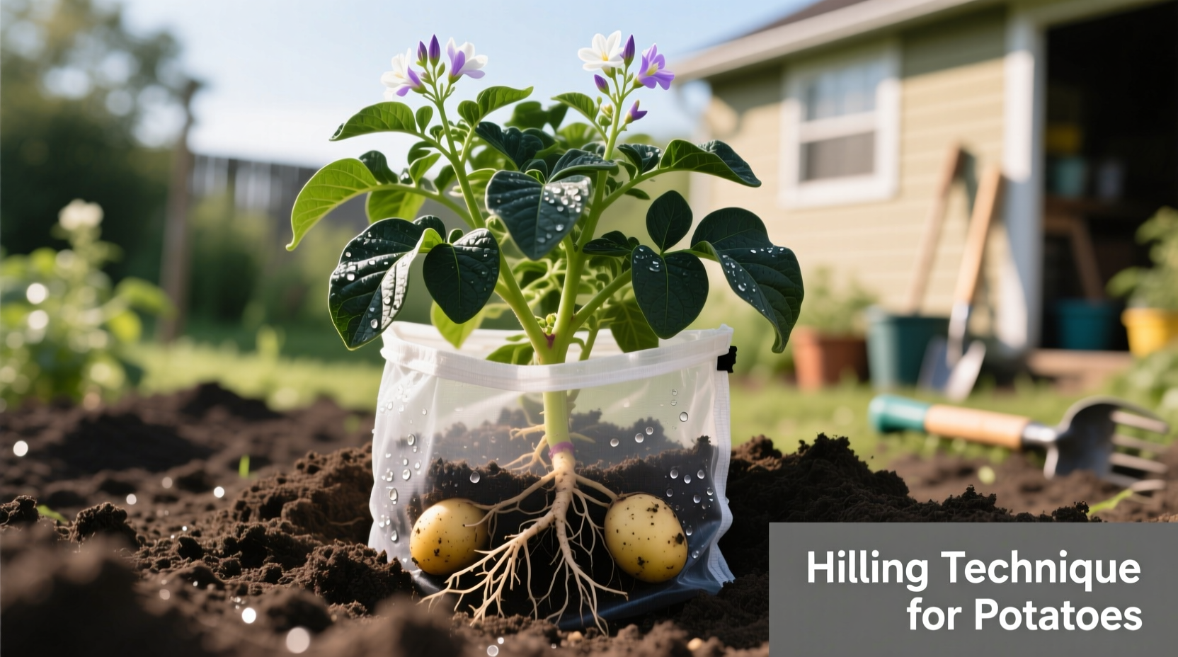 Potato plant growing in fabric container with proper hilling technique