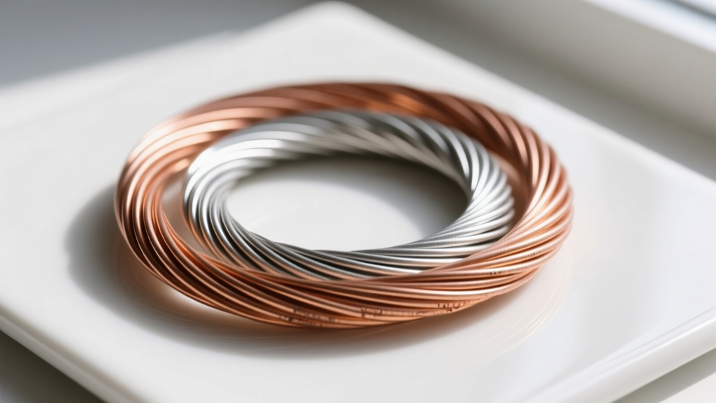 Macro shot of 20-gauge dead soft copper wire and half-hard sterling silver wire coiled neatly on a white ceramic tile surface
