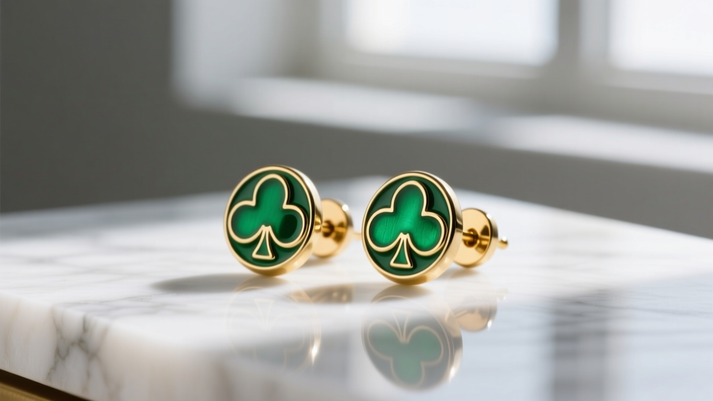 Macro shot of gold-plated brass stud earrings with vibrant green cold enamel and a spade logo, resting on a white marble surface.