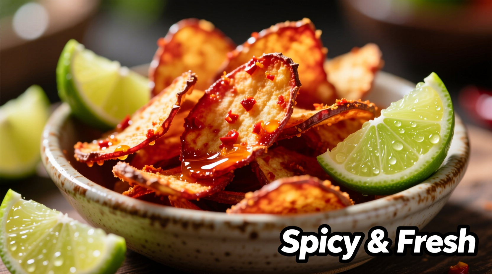 Close-up of red hot potato chips in a bowl with lime wedges