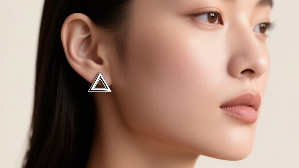 Close-up of minimalist 8mm sterling silver Triforce stud earrings on a model