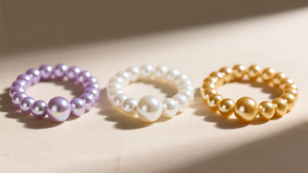 Macro comparison of three pearl strands: lavender freshwater, white Akoya, and golden South Sea pearls on natural beige linen.