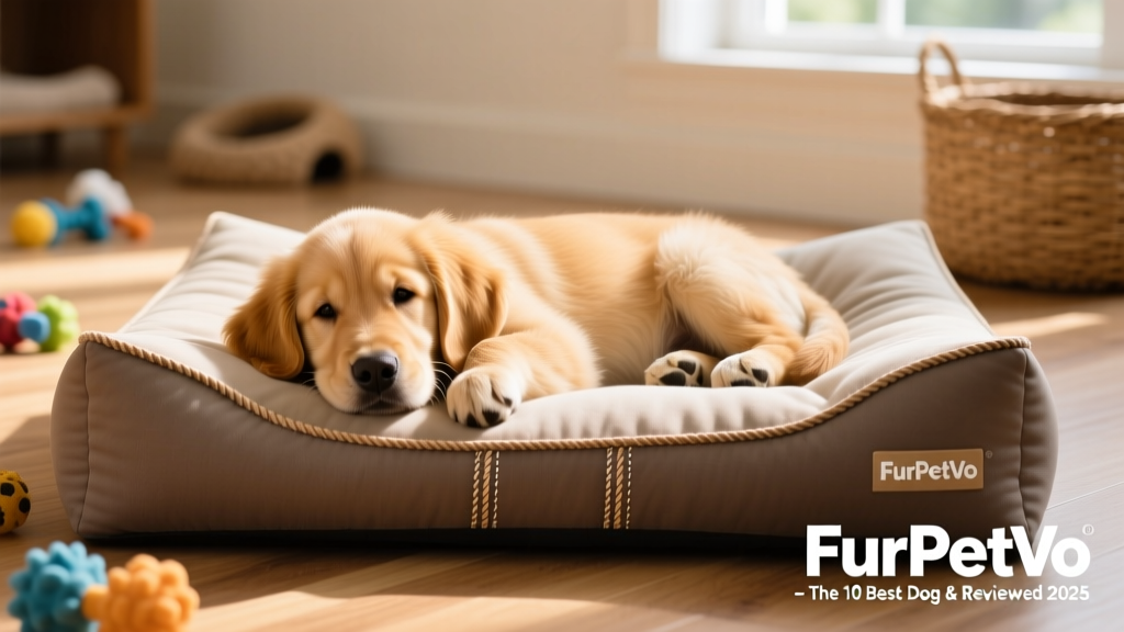 Puppy gently resting on the FurPetVo bolster bed, highlighting its reinforced stitching and smooth olefin fabric