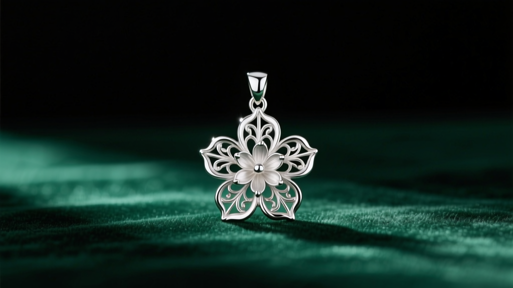 Polished sterling silver sampaguita flower pendant resting on dark green velvet, illuminated by soft directional studio lighting