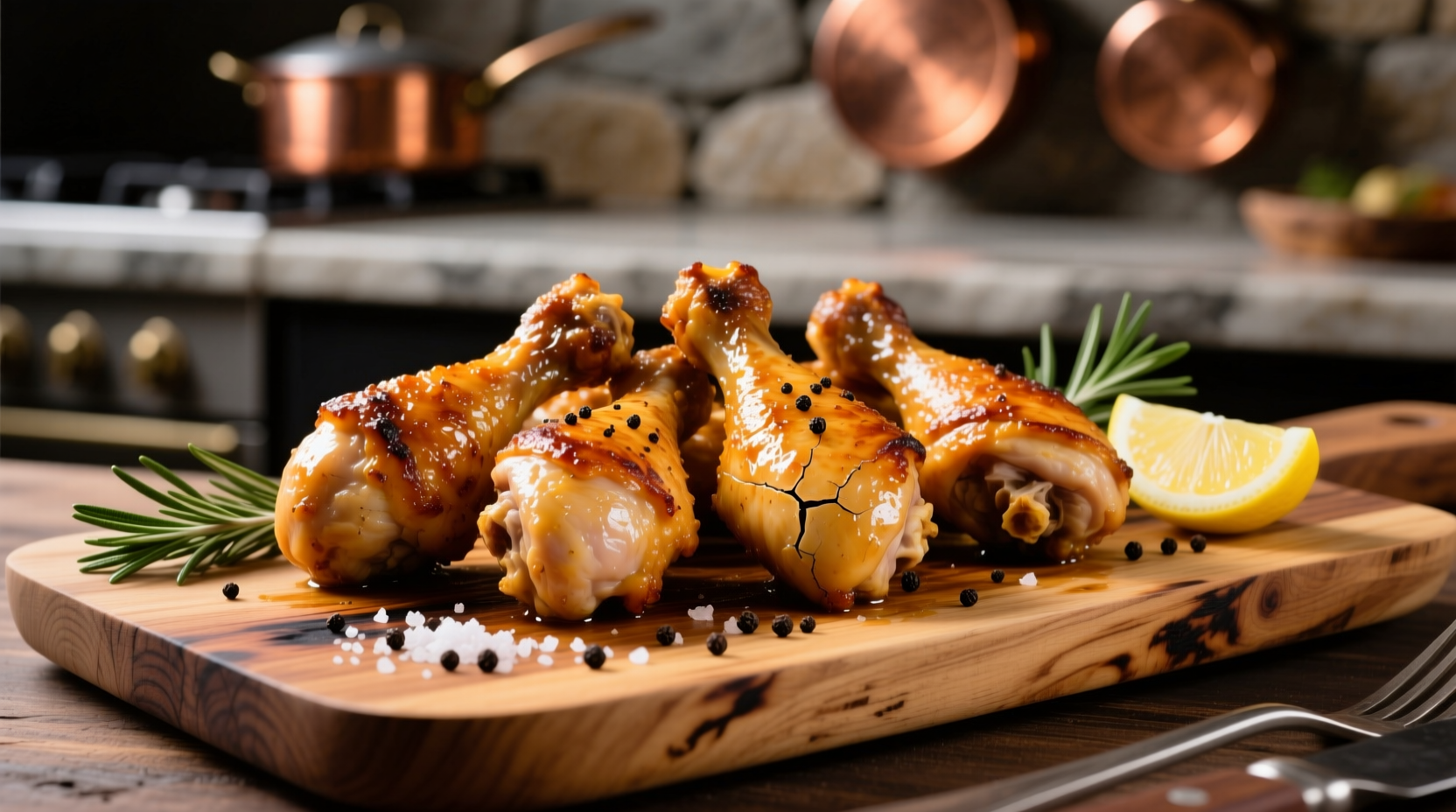 Perfectly cooked golden brown chicken drumsticks on a platter