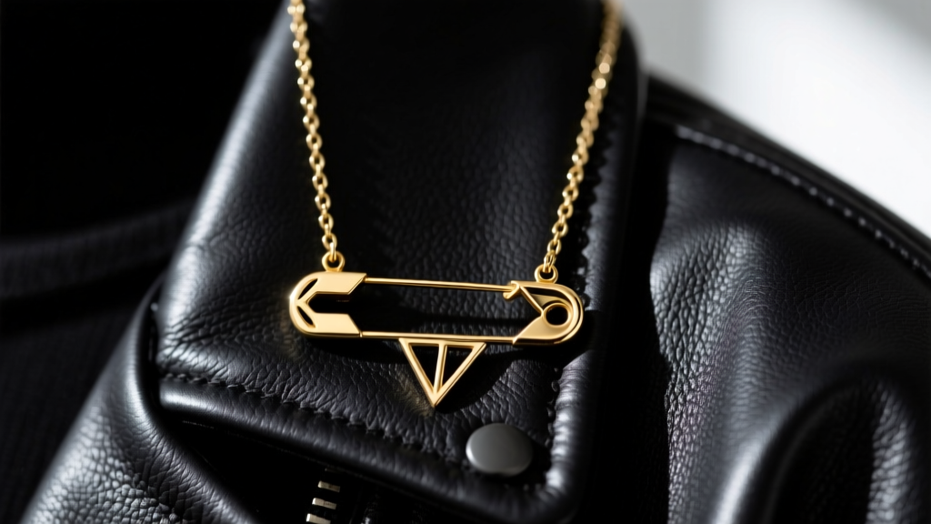 Close-up of an edgy gold vermeil safety pin pendant hanging from a delicate 16 inch box chain, resting on a dark leather jacket.