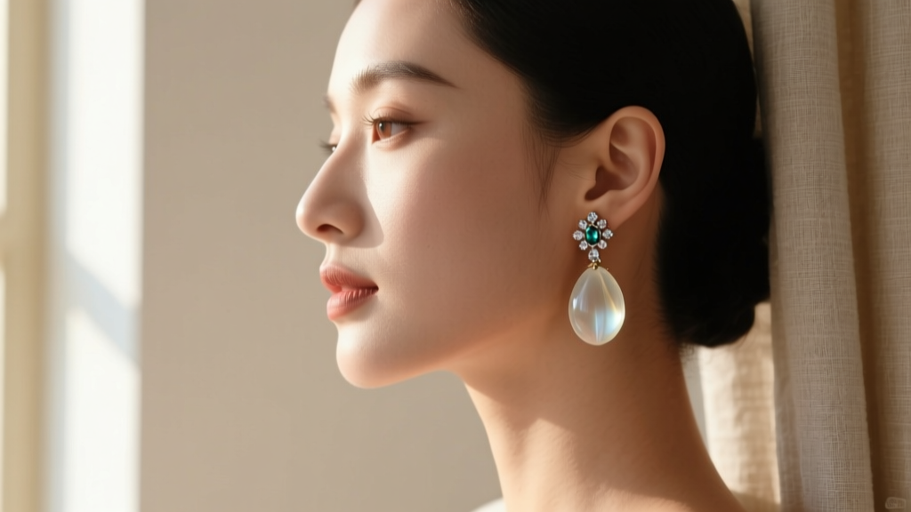 Side profile of a woman wearing vintage camphor glass and marcasite stud earrings, illuminated by soft, warm natural window light.
