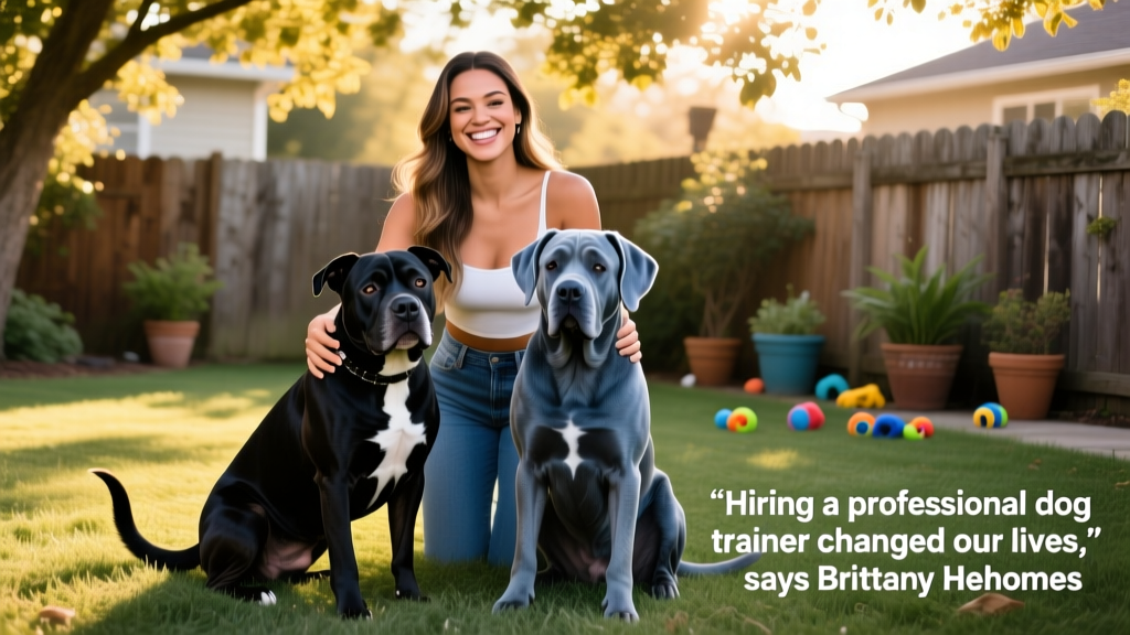 Brittany Mahomes in her yard with her dogs Steel (American pit bull terrier) and Silver (Cane Corso), both relaxed and attentive