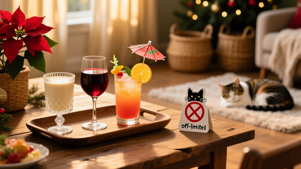 A festive holiday drink tray with eggnog, wine, and cocktails, with a subtle 'off-limits' visual cue near the glasses